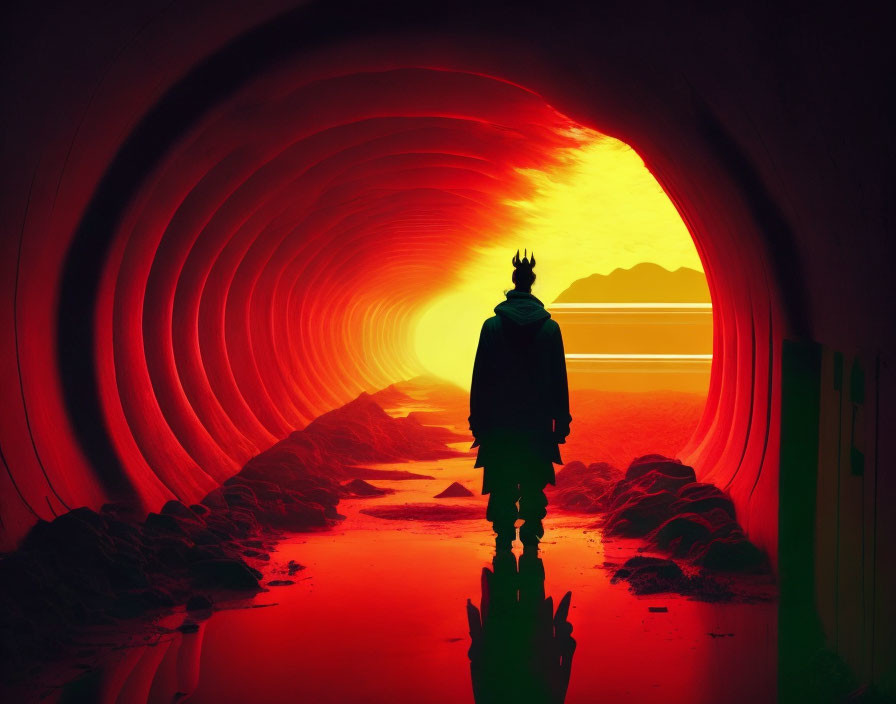 Silhouette of person at vibrant red and orange tunnel entrance with sunlight.