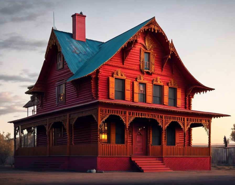 Ornate wooden house with red detailing against dusky sky