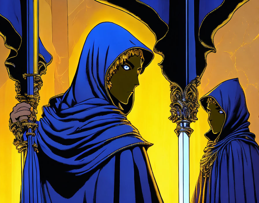 Cloaked figures with swords on golden reflective surface in mysterious setting