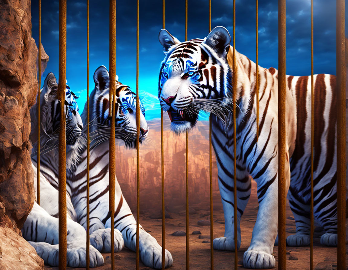 Two tigers in dramatic lighting behind bars, one standing and one sitting, against a rocky backdrop and