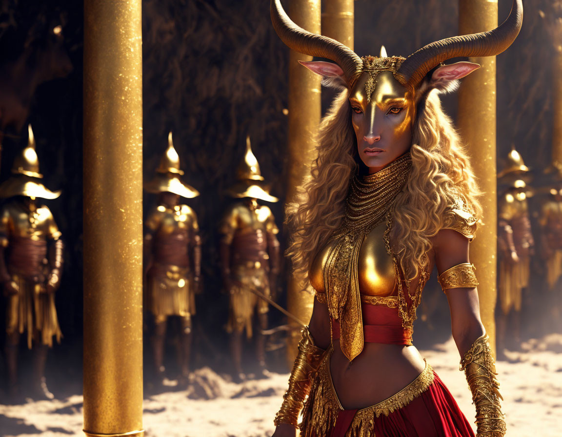 Female figure with golden animal-like face and horns in fantasy setting.