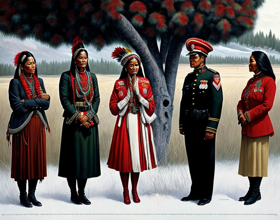 Four people in traditional attire in field with forest & mountains