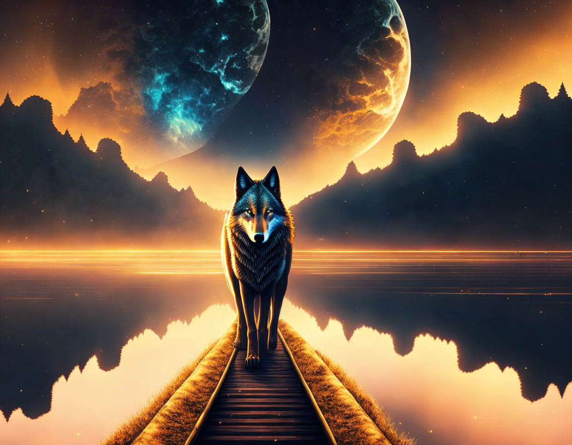 Wolf on train track under fiery horizon with two moons in starry sky.