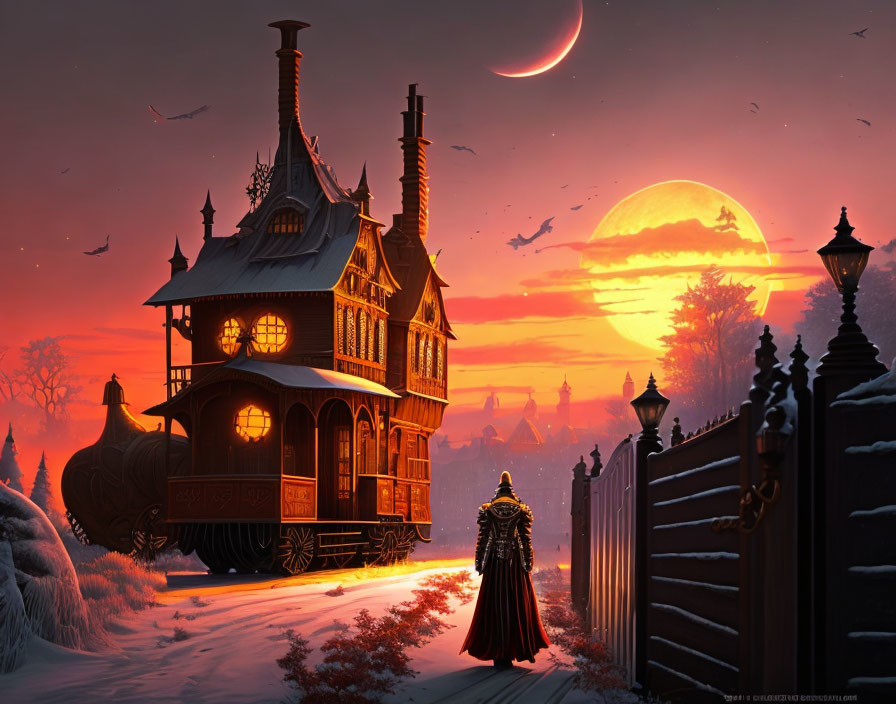 Victorian-style house on wheels at sunset with cloaked figure in snowy landscape