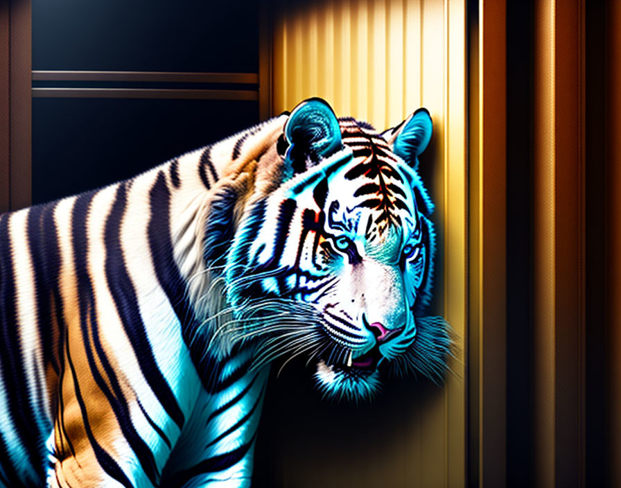 Vibrant blue and orange tiger illustration on dark background