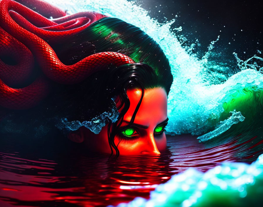 Mystical female figure with green eyes, red serpent, and blue waves in water