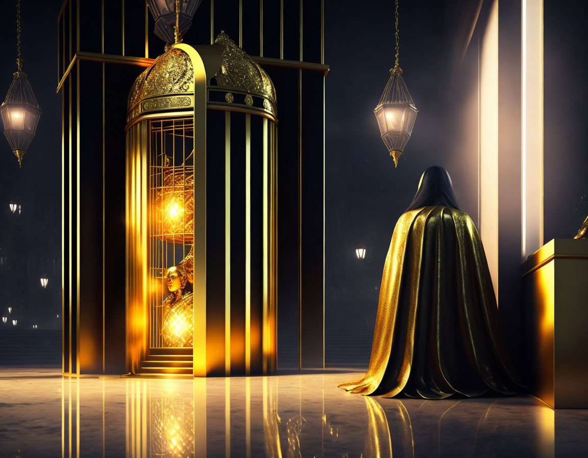 Luxurious room with person in golden cloak and glowing birdcage