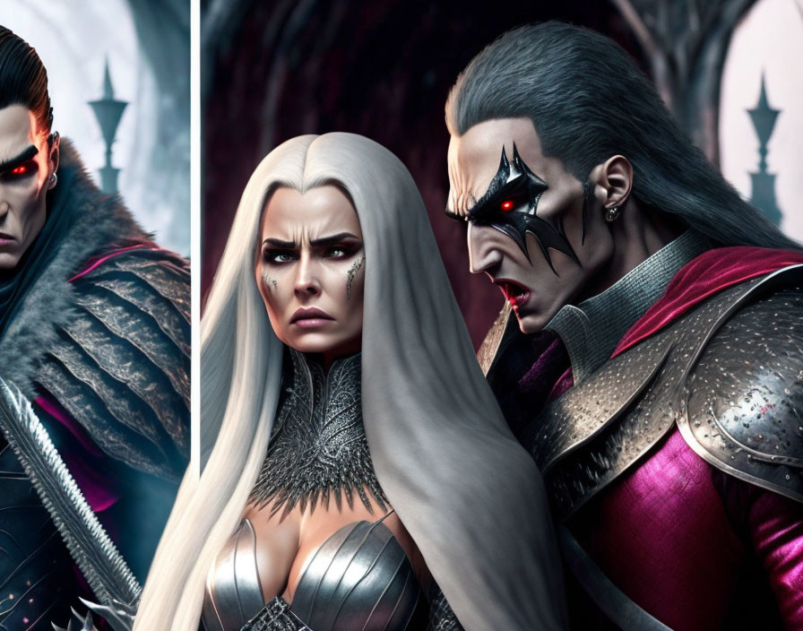 Animated vampires in medieval armor with pale skin and striking eyes