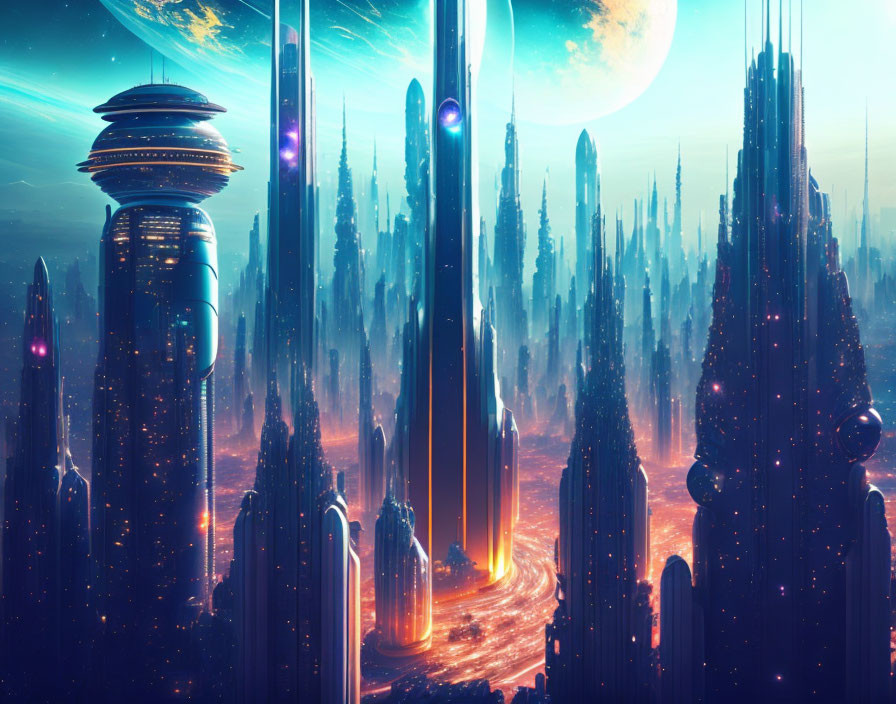 Futuristic cityscape with neon-lit spires under starry sky