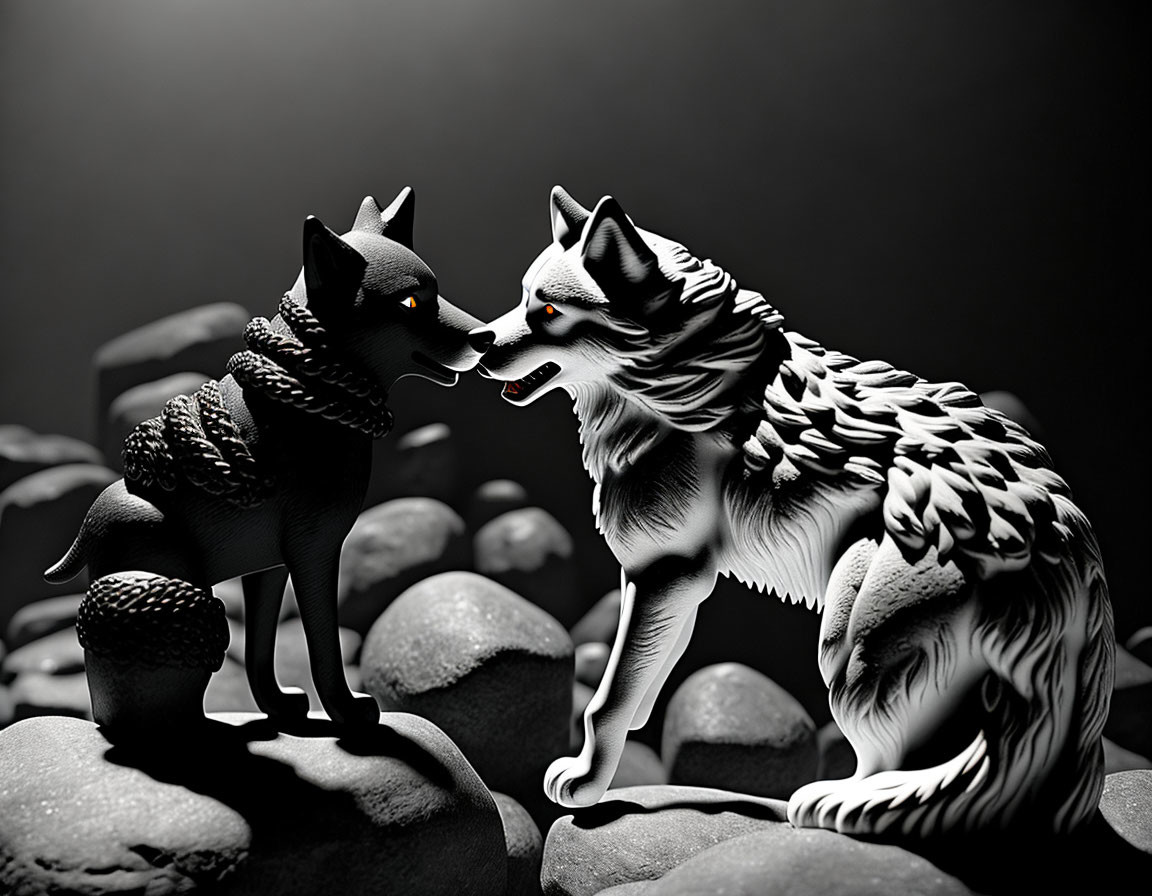 Stylized black and white wolves on rocky terrain with scarf, conversing