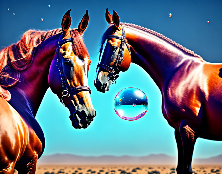 Two horses touching noses with vibrant backdrop and iridescent bubble