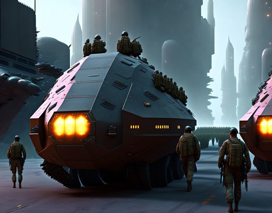 Armored vehicles and troops in futuristic cityscape at dusk