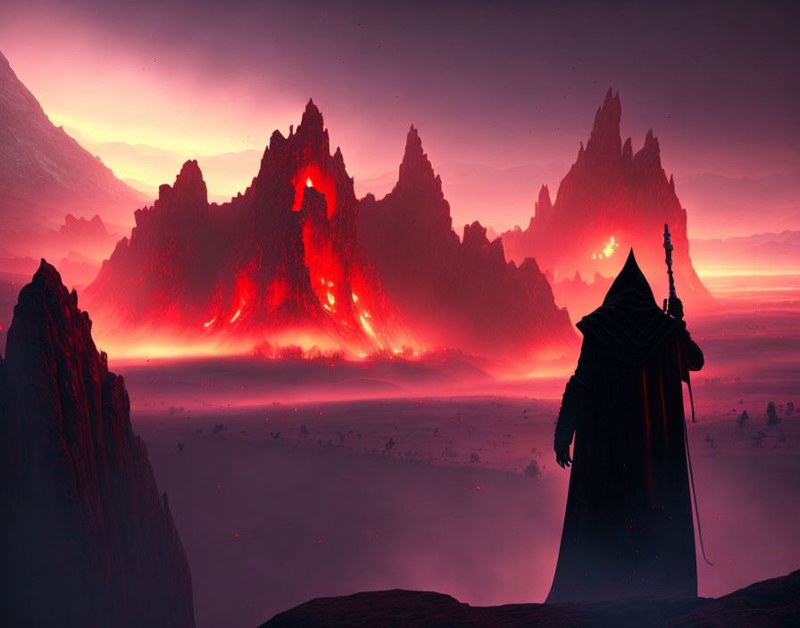 Cloaked figure in volcanic landscape with fiery mountains