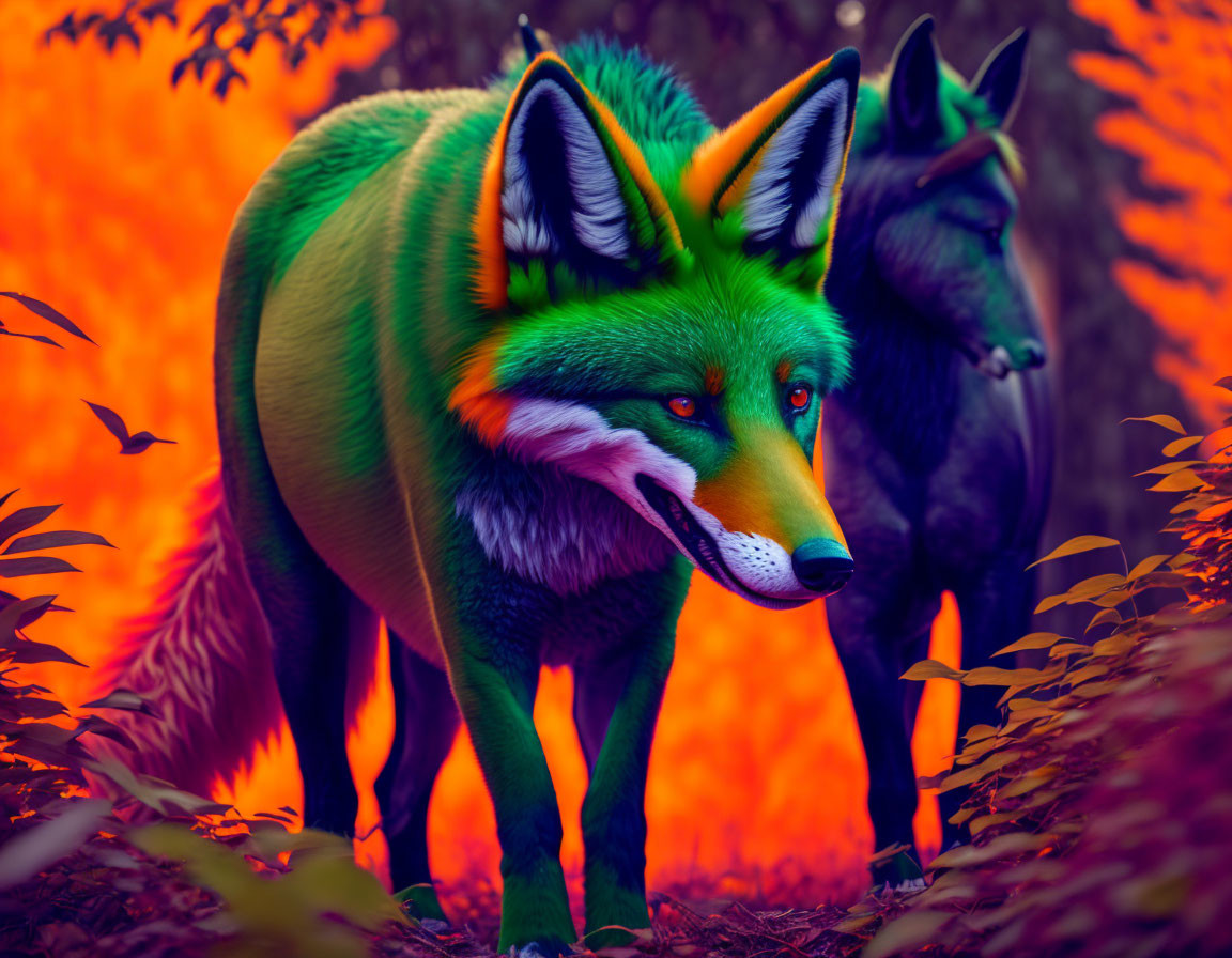 Colorful digital art: Two fox-like creatures in autumn forest