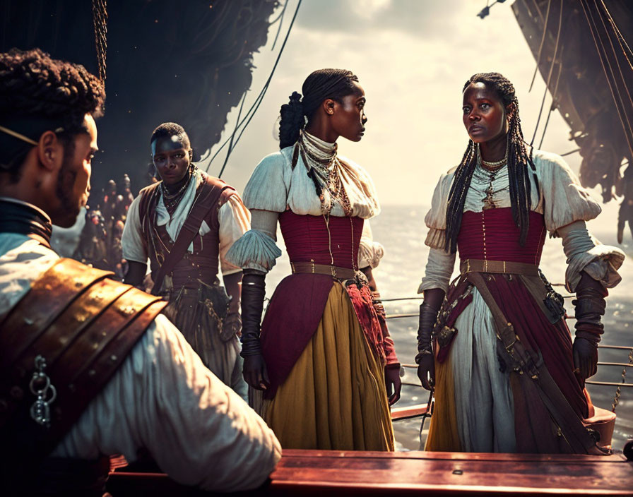 Historical-themed image: Two women and a man on a ship deck