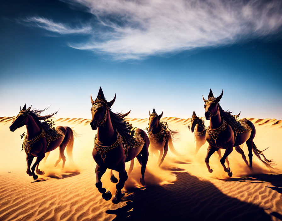 Four majestic horses galloping in desert landscape under dramatic sky