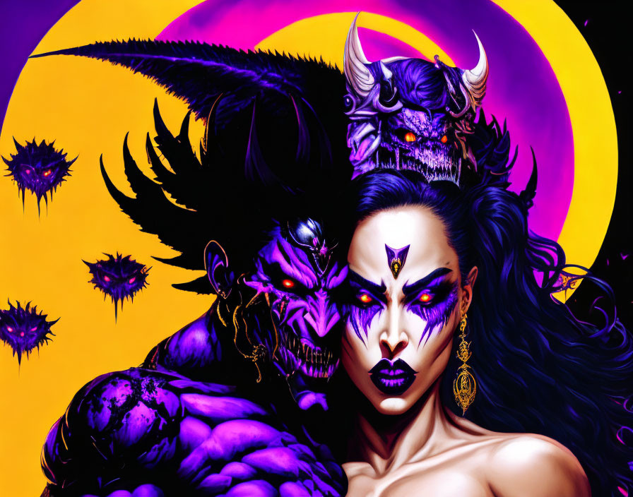 Fantasy characters with demonic features in purple and yellow backdrop