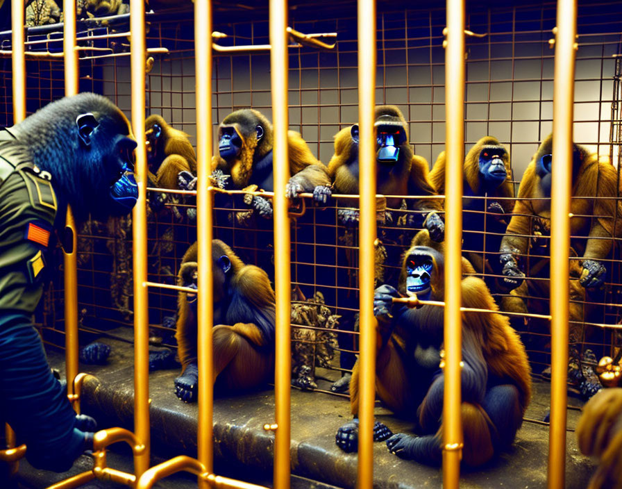 Person in jacket near baboons in cages with vivid blue and orange hues