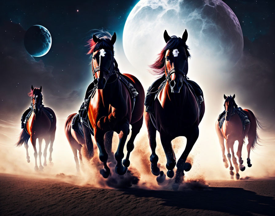 Four galloping horses under a dramatic night sky with moon and stars