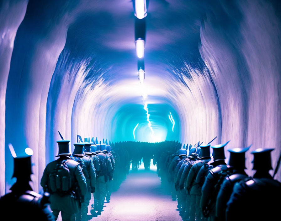 Uniformed figures in row inside dimly lit tunnel with cool blue light and bright exit visible