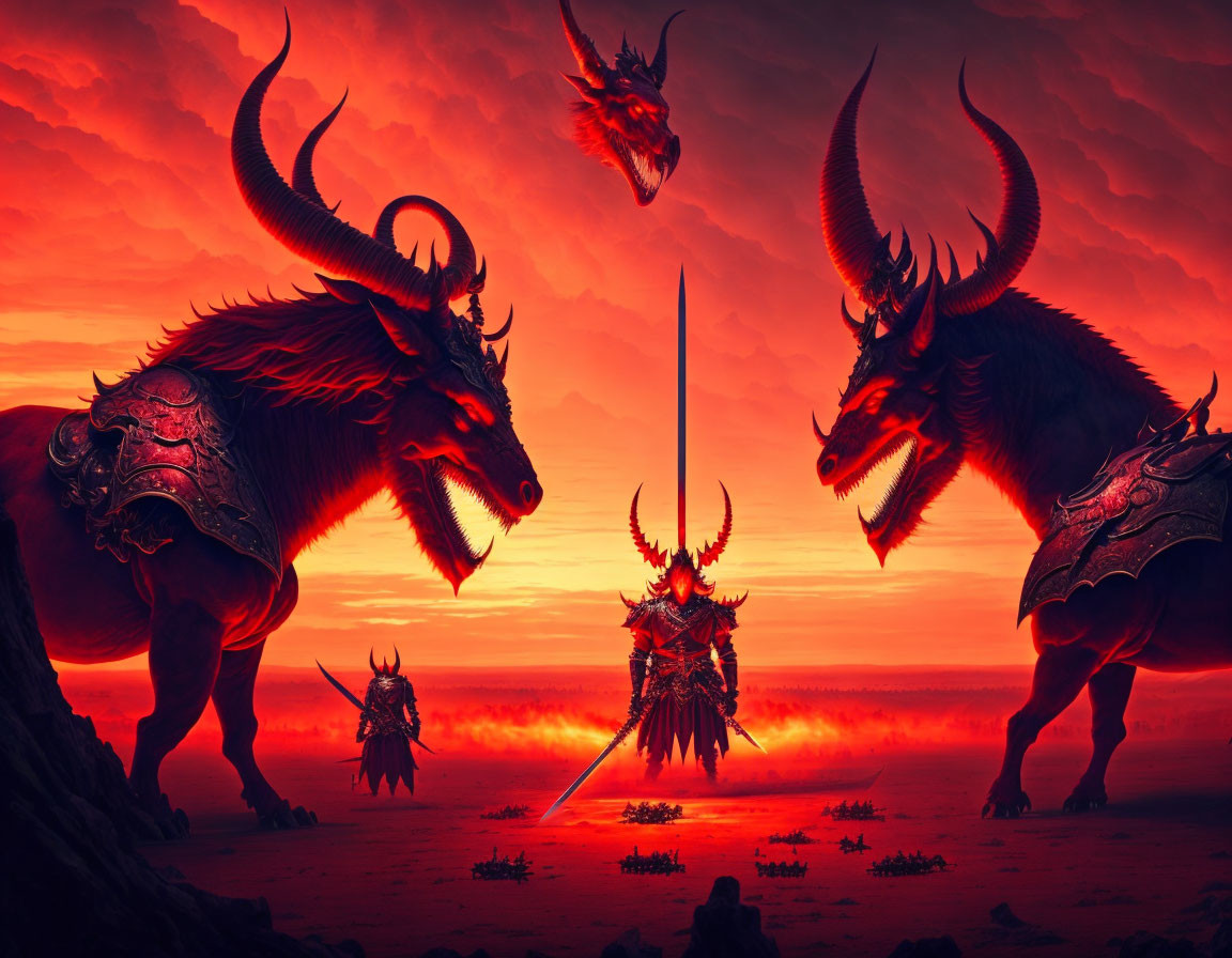 Armored warriors and beasts under a vibrant red sky with imposing sword