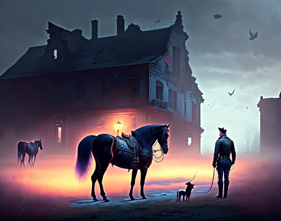 Knight and dog at dusk by dilapidated mansion with horse and crows under brooding sky