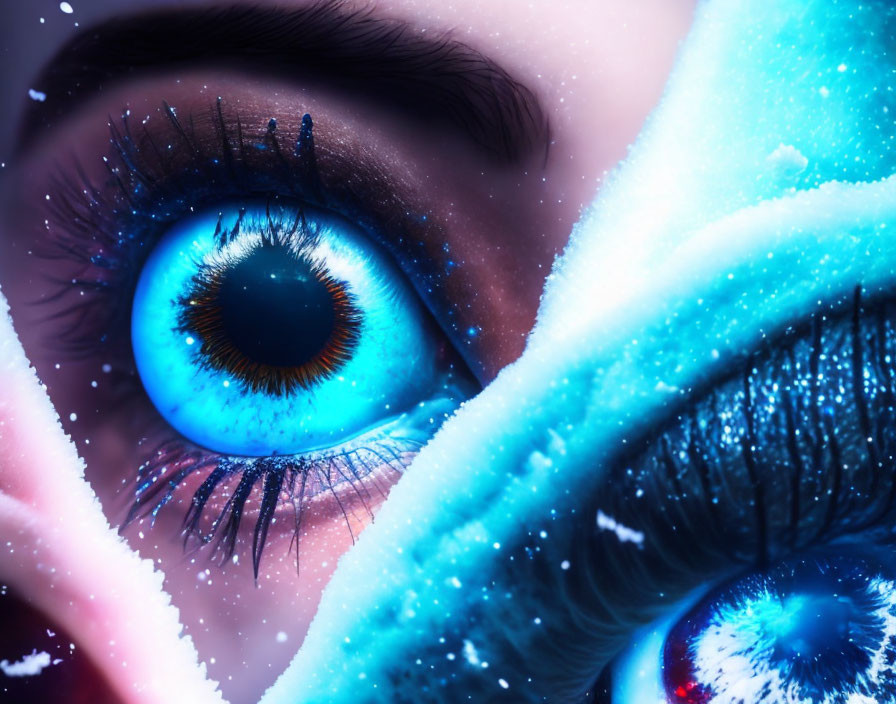 Detailed close-up of vibrant blue eye with snowflakes and frost capturing wintry theme.