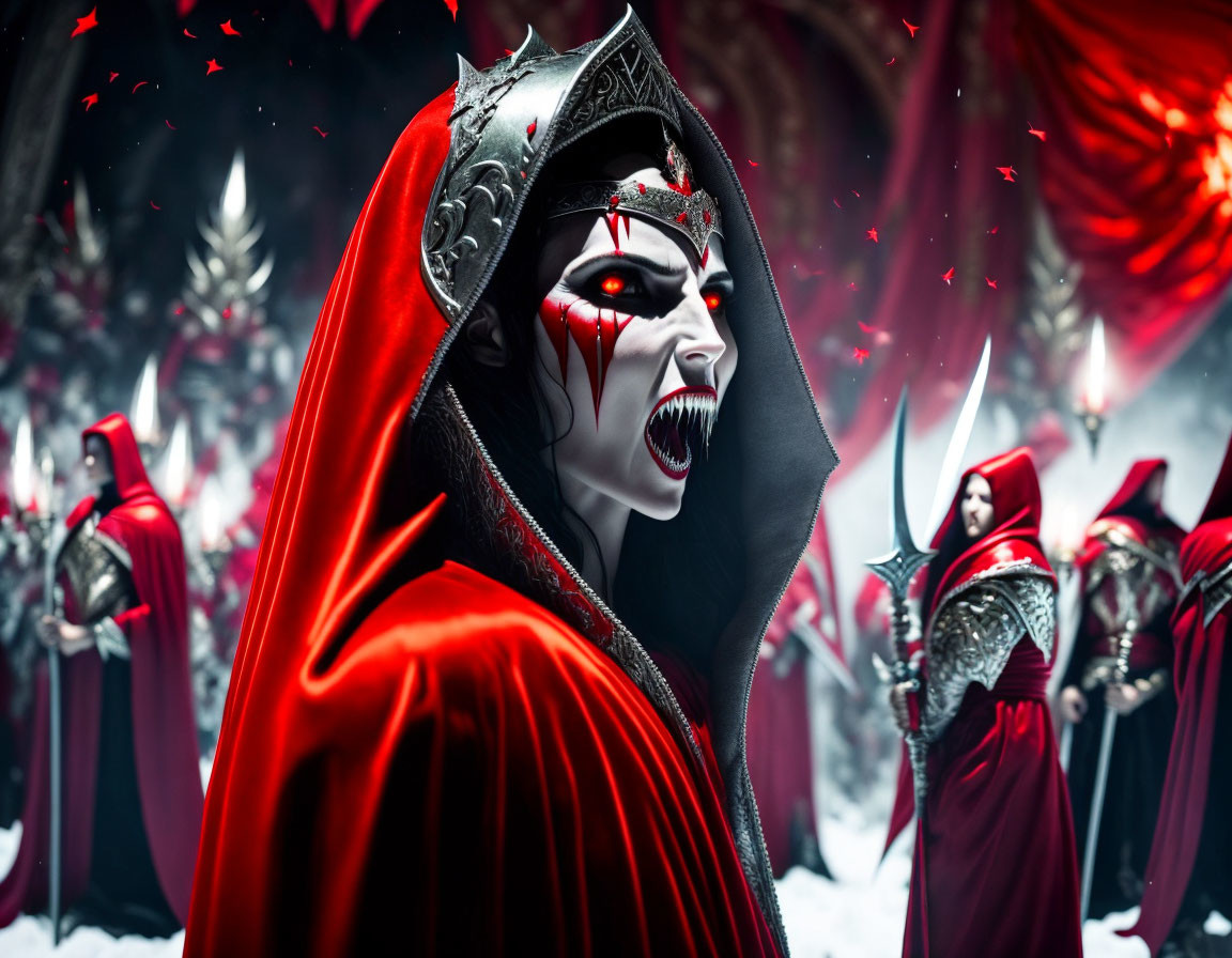 Person in red cloak and fang mask surrounded by group in surreal red setting