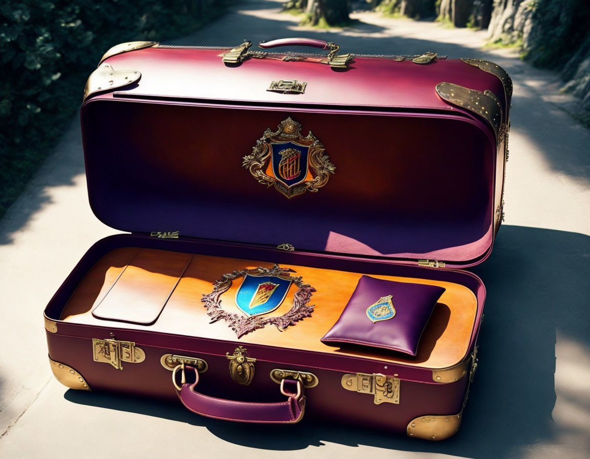 Vintage Suitcases with Ornate Details and Crest Emblems