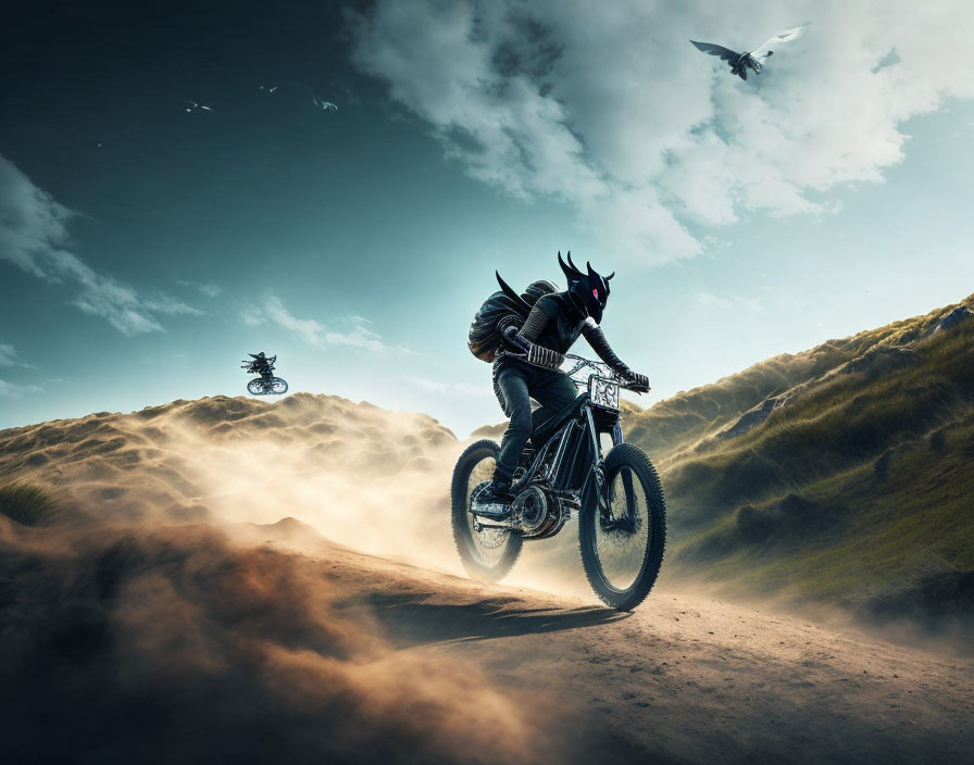 Cyclist in Horned Helmet on Dusty Trail with Dynamic Sky