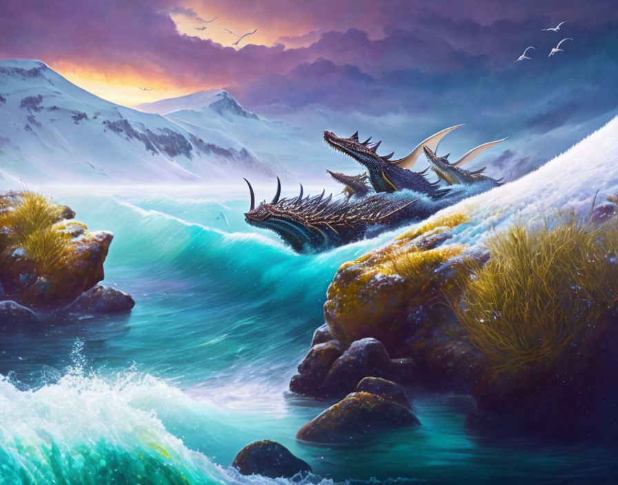 Multi-headed dragon emerges from sea at sunrise with snow-capped mountains and flying birds