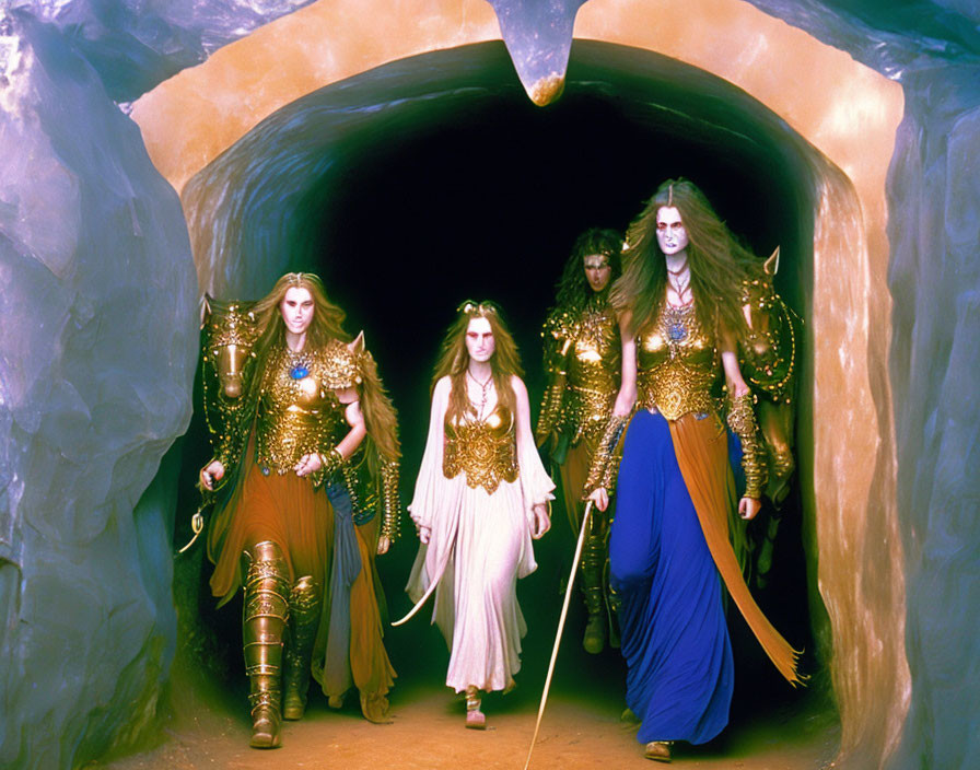 Group of four fantasy characters in elaborate costumes and armor exiting cave setting