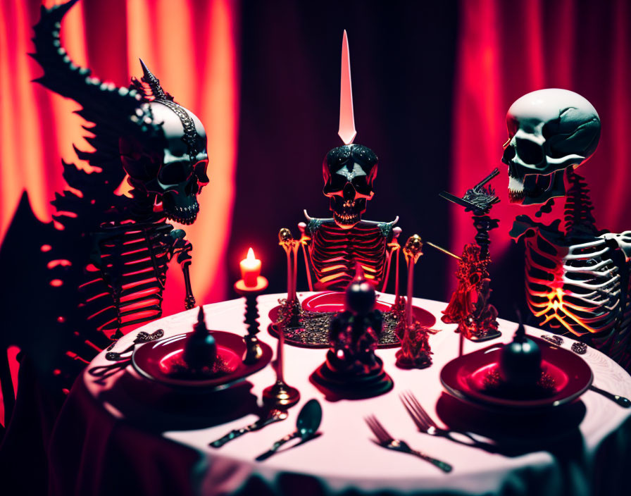 Skeletons in Crown and Unicorn Horn at Macabre Dinner Table