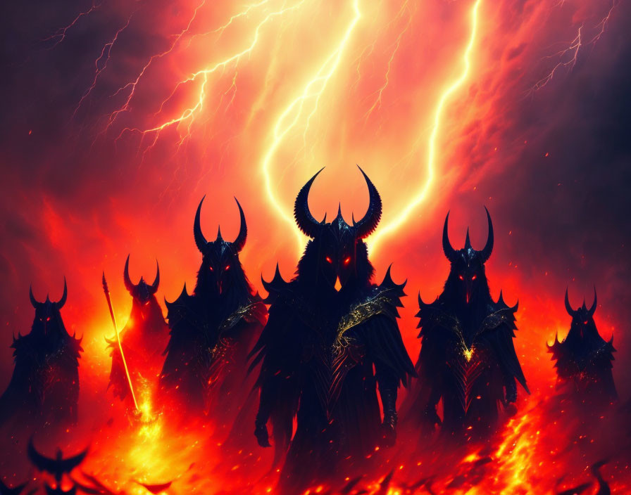 Fantasy artwork: Horned demons in fiery hellscape