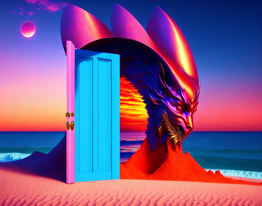 Colorful digital art: Open beach door with surreal dragon creature under purple sky