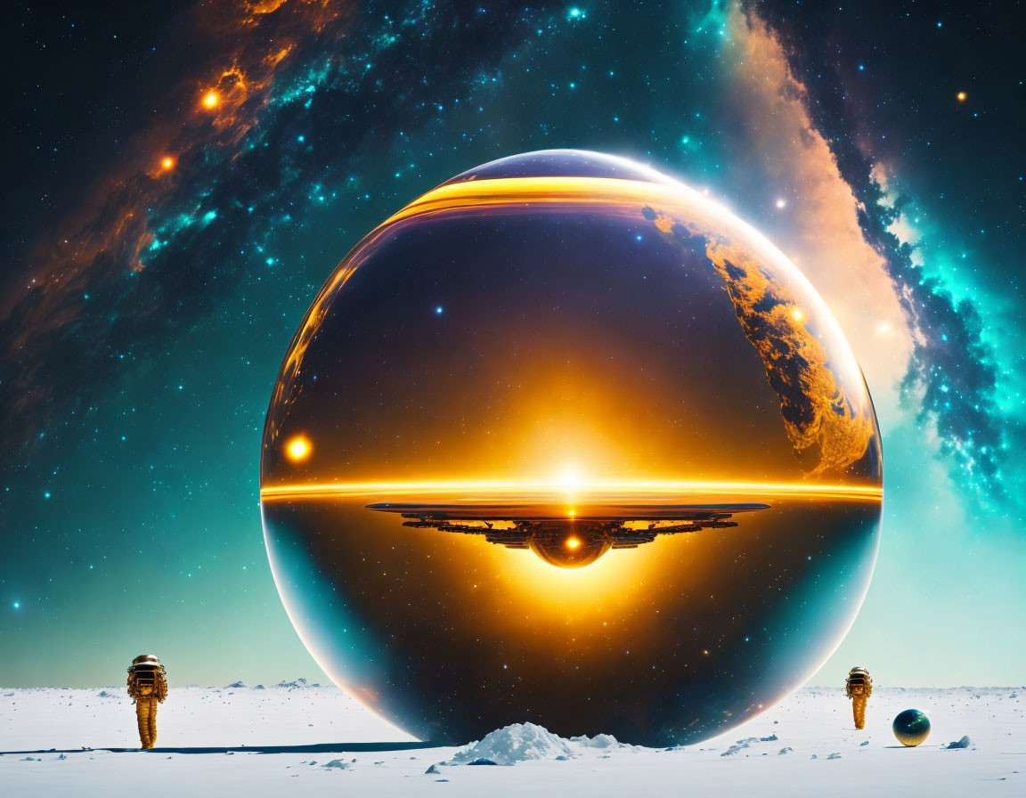 Futuristic landscape with hovering reflective sphere above snowy terrain