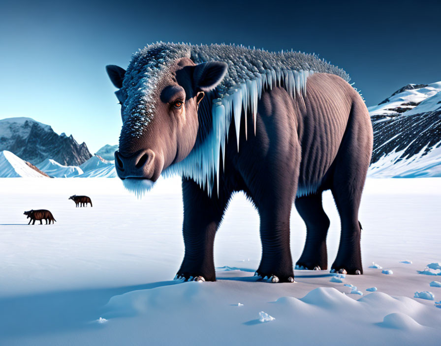 Mythical buffalo creature with icy spikes in snowy landscape