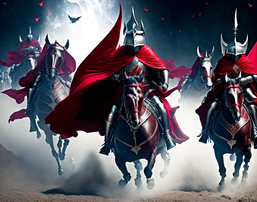 Armored knights on horseback under dramatic sky with flying bat