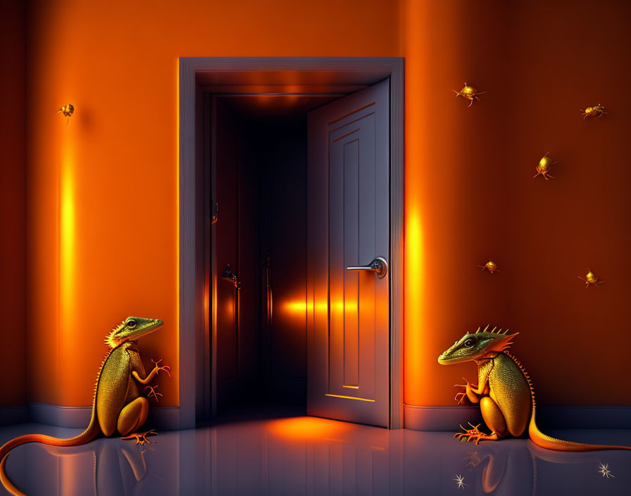 Vivid lizards in dimly lit room with fireflies by open door