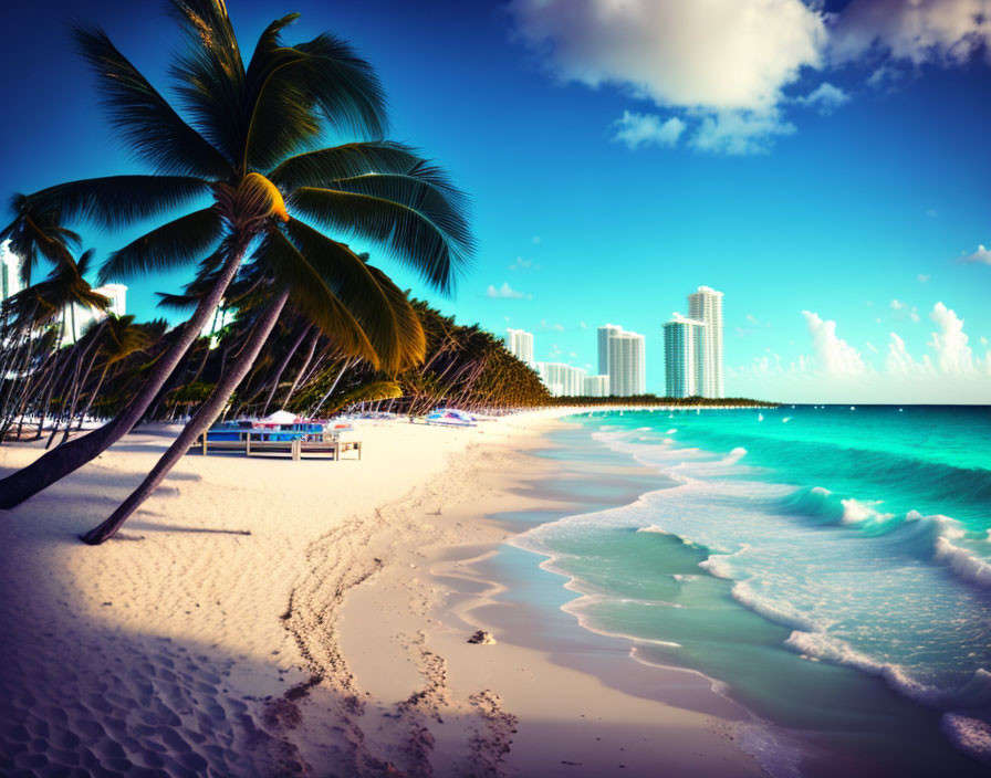 Tropical beach scene with palm tree, white sand, turquoise water, and distant high-rise buildings against