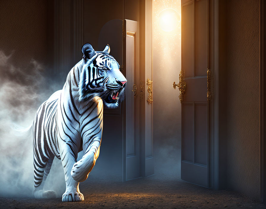 White tiger emerges from ornate doorway into darkness with soft glowing room.