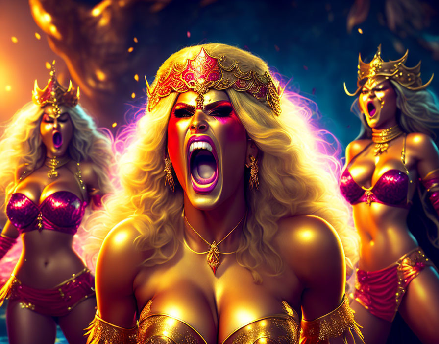 Three stylized women with golden crowns and bikinis in a vibrant fantasy setting.