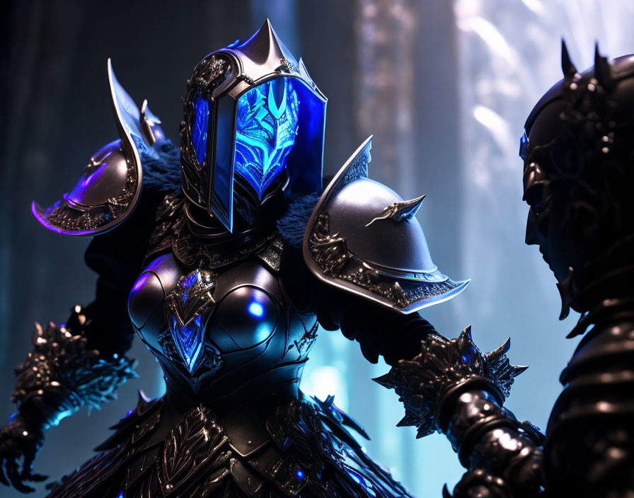 Armored fantasy figures illuminated by blue light in shadowy setting