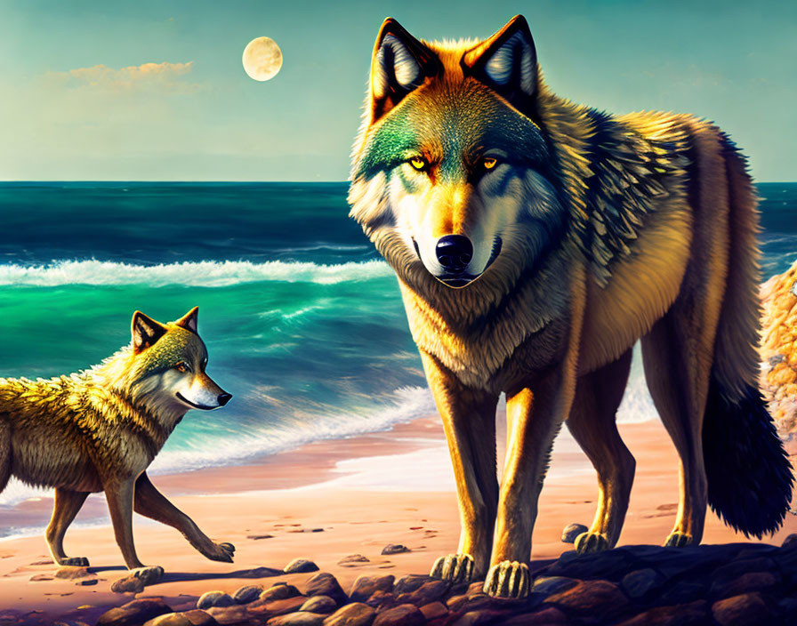 Two wolves on beach with crashing waves, one in foreground and one in background, under moonlit sky