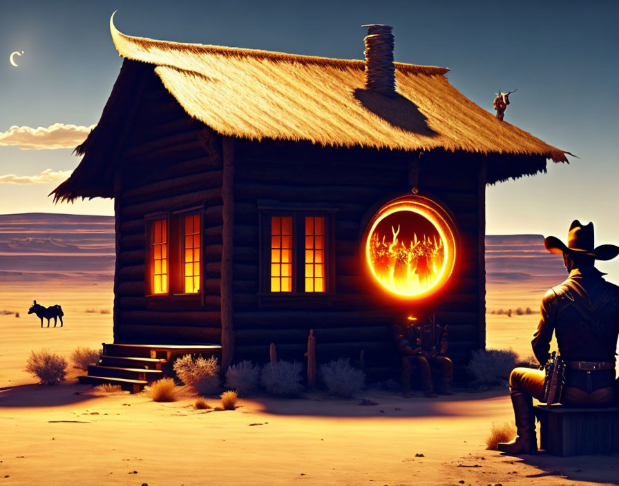 Cowboy by log cabin with glowing portal, crescent moon, horse, desert twilight sky