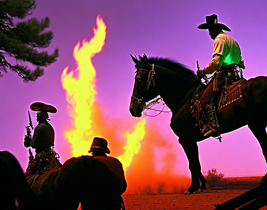 Cowboys on horseback near large flame at dusk, silhouetted against purple sky