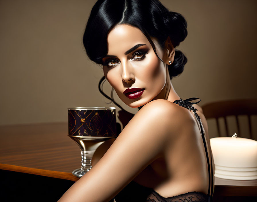 Dark-haired woman in vintage waves, bold makeup, black dress, candle, and wine glass pose.