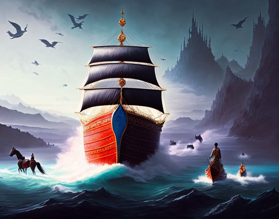 Fantasy scene: Large ship with gold emblem, birds, small boats, and riders on horseback