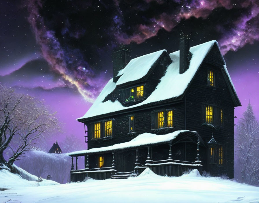 Snow-covered house at night with lit windows under starry purple sky