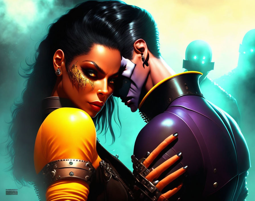 Stylized characters in close embrace with vibrant colors and unique features